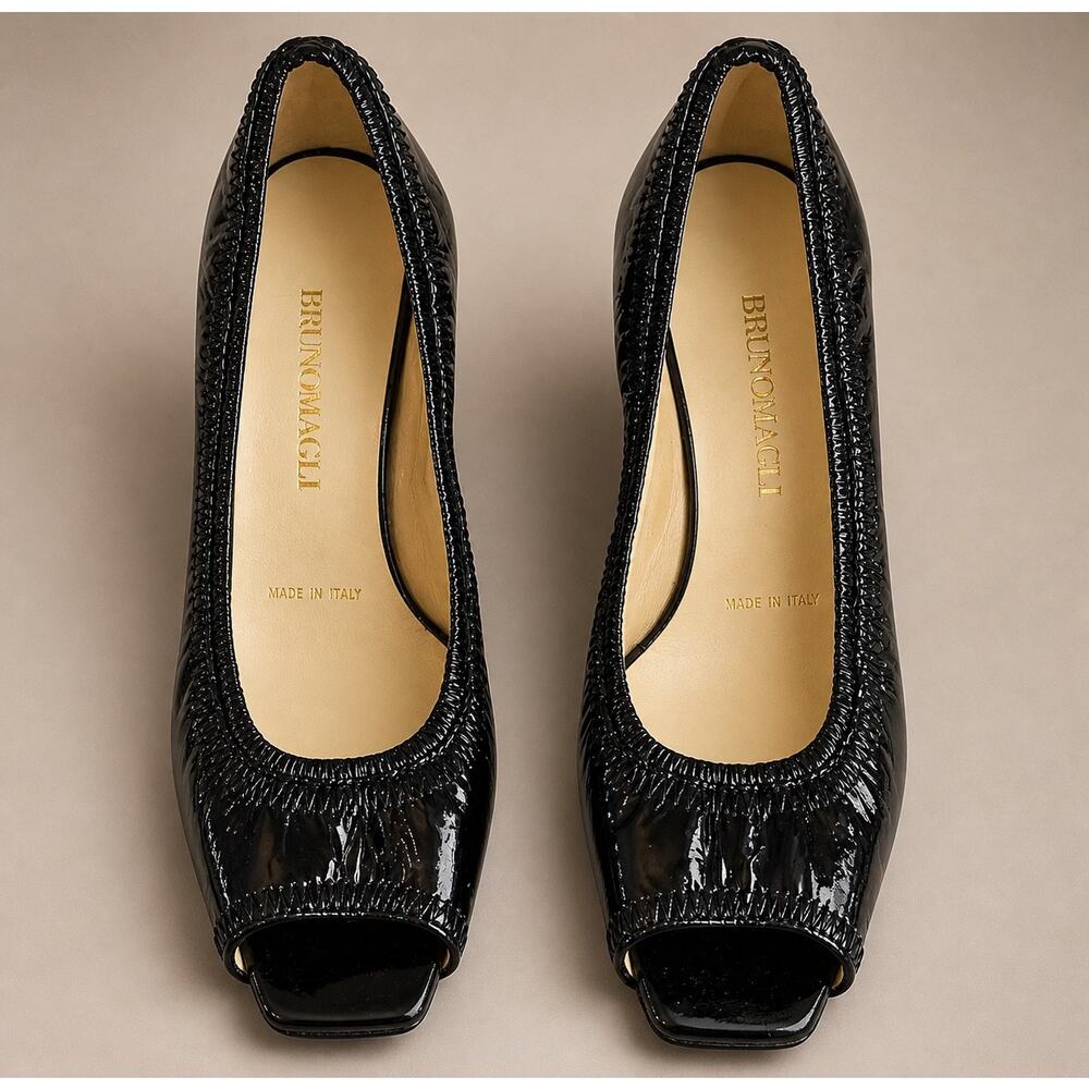 Bruno Magli Black Patent Leather Peep Toe Heels Italy Sz 37 NEW w Box Dust Bags